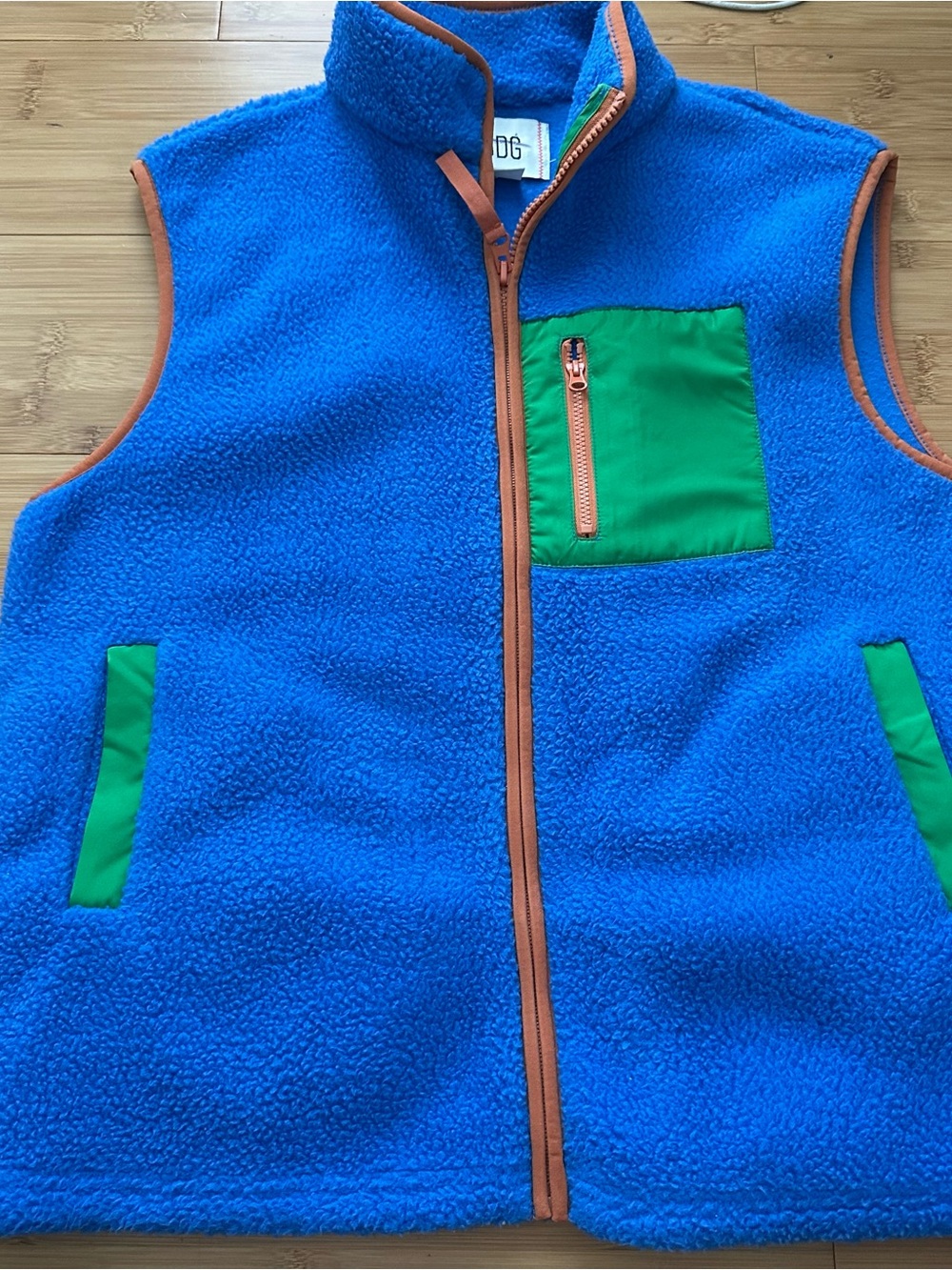 BDG Royal Blue Fleece Vest with Green Pocket Trim